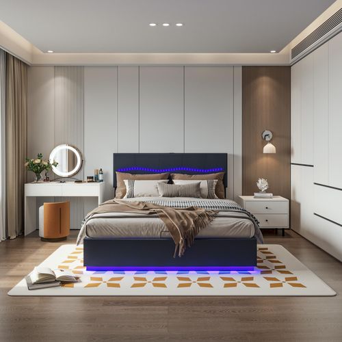 CDGlobal_De Polsterbett 140x200cm mit höhenverstellbarem Kopfteil, LED, USB-Steckdosenleisten, Funktionsbett Doppelbett