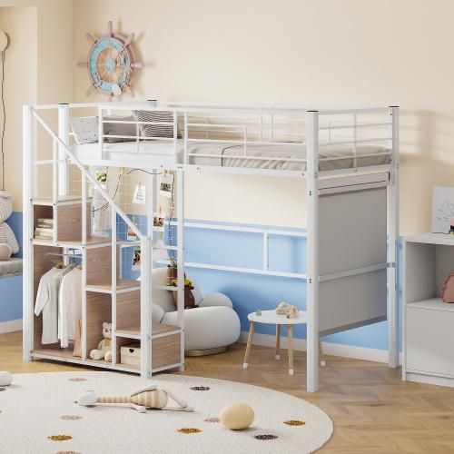 Hochbett mit Sicherheitsleiter 90x200 cm (Ohne Matratze) Kinderbett mit Eisenrahmen und Ablagefläche Jugendbett Weiß