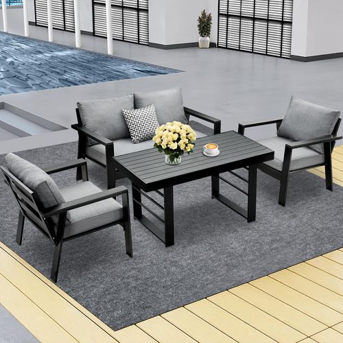 MeXo Gartenmöbelset Aluminium, 4 Personen, Ergonomische Rückenlehne mit Kissen & Hoher Esstisch, Indoor Outdoor Balkon Garten (Sitzgruppe, schwarz)