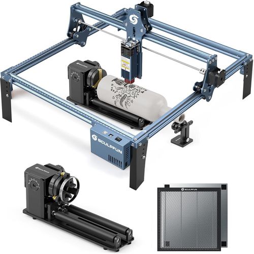 SCULPFUN S9 Lsergravierer: 5W Leistung, mit RA PRO MAX Multifunktions-Drehfutter und Wabentisch