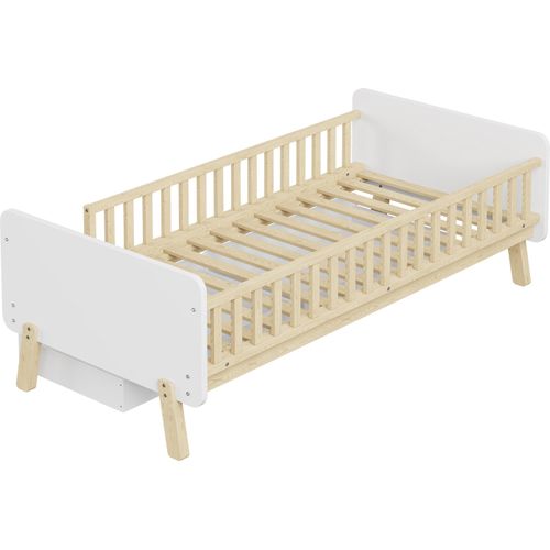 Kinderbett 90x190cm Einzelbett (Ohne Matratze) Massivholzbett Holzbett Mit 2 Schubladen Lattenrost und Sicherheitsgeländer Weiß Kiefer