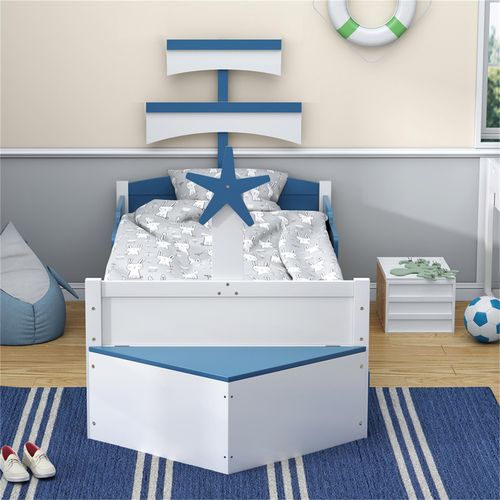 Kinderbett aus Holz, Segelbootform, mit ausziehbares Bett, Stauschrank am Bettende, Einzelbett, Kinderbett, blau