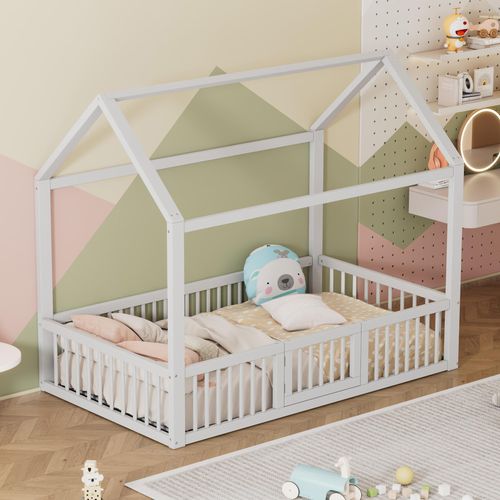 90x200 cm Hausbett aus Massivholz, Kinderbett mit Tür und Schutzgitter, stabiler Bettrahmen in Weiß,sicher und dekorativ
