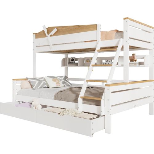 Etagenbett mit Windmühle, mit Regalen, Kinderbett, mit farblich abgesetztem Fallschutzgitter, mit vierstufigen Schrägleiter und Schubladen, Kiefer+MDF