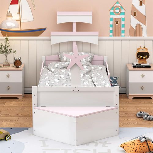 Kinderbett aus Holz, Segelbootform, mit ausziehbares Bett, Stauschrank am Bettende, Einzelbett, Kinderbett, rosa