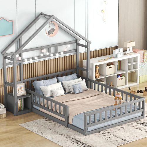 Kinderbett 140x200cm mit Rausfallschutz, Nachttisch und Lattenrost, Bodenbett Massivholzbett Einzel- und Doppelbett Hausbett, Grau