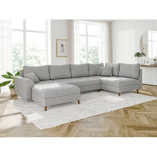 S-STYLE MÖBEL - Kai - Wohnlandschaft mit Braun Holzfüßen im skandinavischen Stil aus Hellgrau Cord-Stoff, Ottomane links