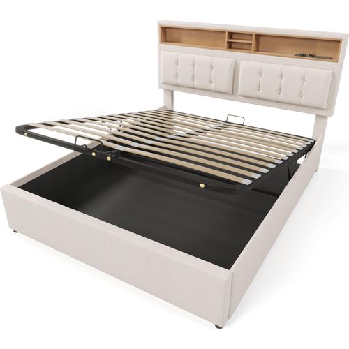 Doppelbett 140x200cm Polsterbett (Ohne Matratze) Beige Leinen Jugendbett Stauraumbett Mit USB C Steckdose Ladefunktion Mit lattenrost