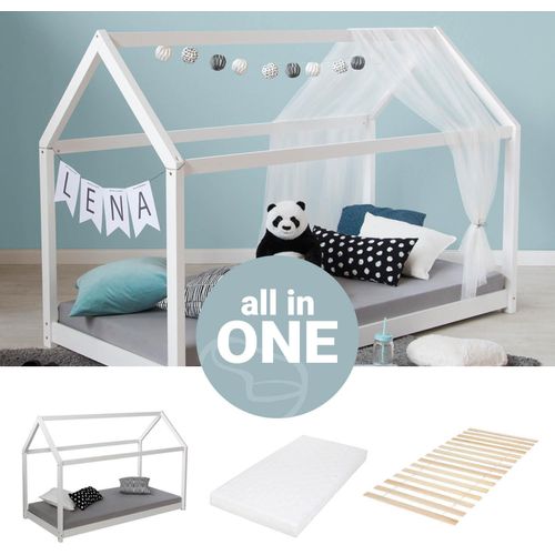 Homestyle4u Kinderbett Hausbett 160x80 Weiß mit Matratze Kinder Bett Haus Holz Kiefer 80x160 cm