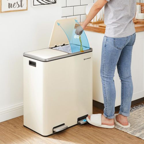 SONGMICS Mülleimer, Abfalleimer, mit 2 Fächern, 2 x 30 L, mit 15 Müllsäcken, Treteimer aus Metall, Inneneimer aus Kunststoff, mit Klappdeckeln und Griffen, luftdicht, cremeweiß LTB060A01