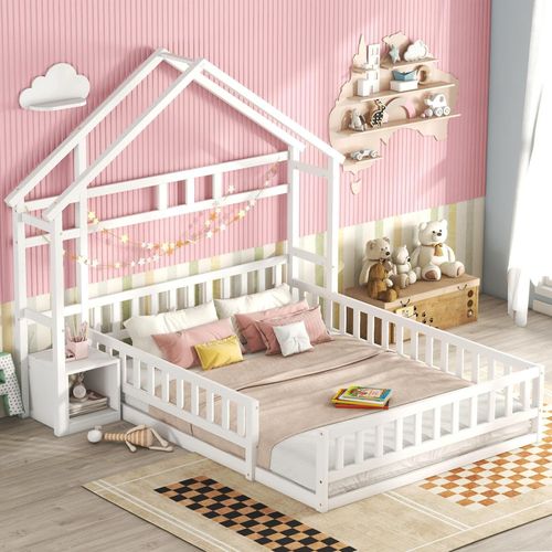 Kinderbett 140x200cm mit Rausfallschutz, Nachttisch und Lattenrost, Bodenbett Massivholzbett Einzel- und Doppelbett Hausbett, Weiß