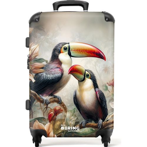 NoBoringSuitcases.com® Großer Koffer - Tropische Tukane auf einem von Blumen umgebenen Zweig - Kombinationsschloss TSA - Hartschalen Trolley 4 Rollen - 72 liter - Reisekoffer - 66 cmKoffer Mittelgroß 67x43x25 cm, 72L,