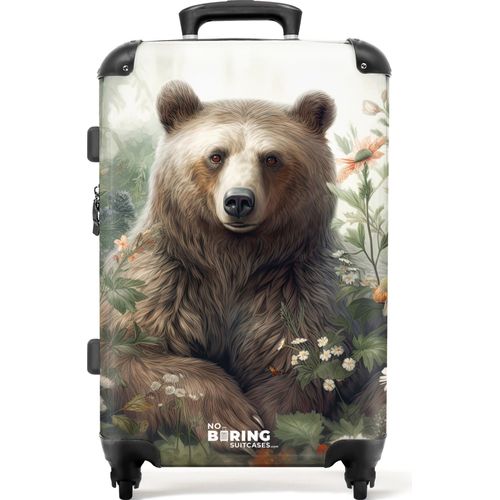 NoBoringSuitcases.com® Großer Koffer - Braunbär sitzt zwischen Blumen und Pflanzen - Kombinationsschloss TSA - Hartschalen Trolley 4 Rollen - 72 liter - Reisekoffer - 66 cmKoffer Mittelgroß 67x43x25 cm, 72L,