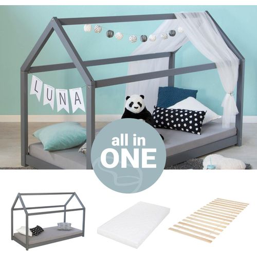 Homestyle4u Kinderbett Hausbett 160x80 Grau mit Matratze Kinder Bett Haus Holz Kiefer 80x160 cm