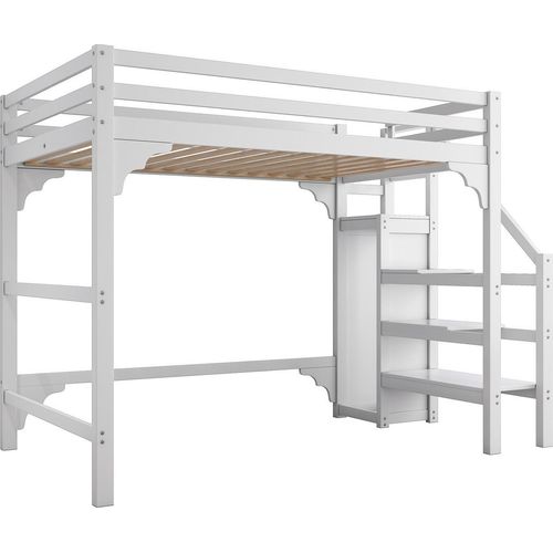 Hochbett mit Lattenrost,kinderbett(140*200cm,Weiß)mit Stufentreppe, mit Kleiderschrank, Jugendbett, Stauraum.