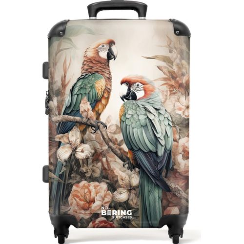 NoBoringSuitcases.com® Großer Koffer - Zwei Papageien auf einem Zweig, umgeben von Blumen - Kombinationsschloss TSA - Hartschalen Trolley 4 Rollen - 72 liter - Reisekoffer - 66 cmKoffer Mittelgroß 67x43x25 cm, 72L,