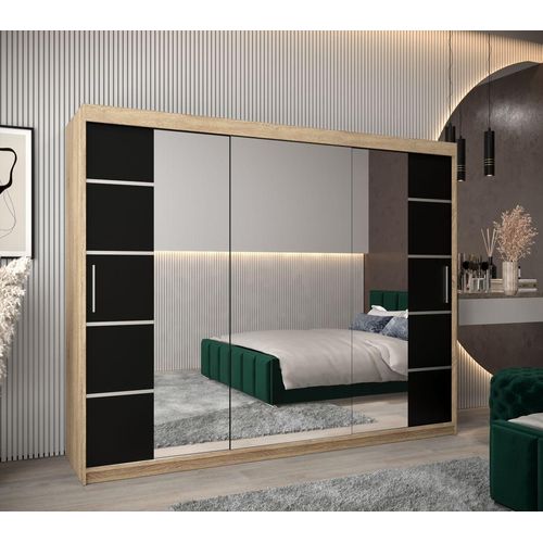 Schrank mit Spiegeln VIVIEN – Breite 250 cm, Eiche Sonoma / Schwarz