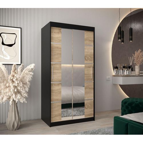 Schrank mit Spiegeln VIVIEN – Breite 100 cm, Schwarz / Eiche Sonoma
