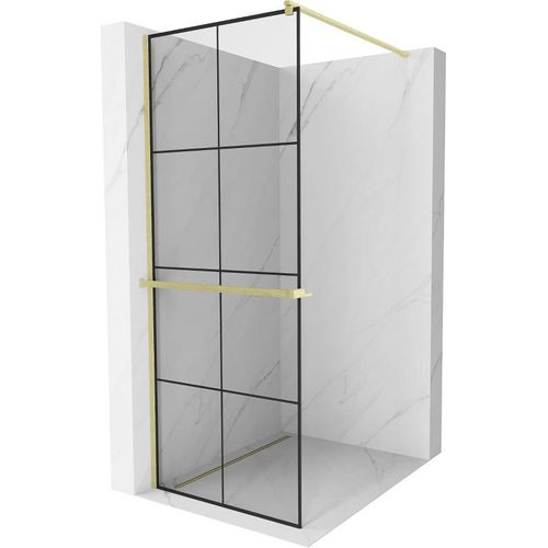 Mexen Kioto+ Duschwand mit Walk-in Duschregal 90 x 200 cm, schwarzes Muster, gebürstetes Gold - 800-090-121-55-77