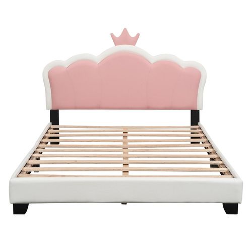 Kinderbett Polsterbett(90*200cm,Weiß) mit Lattenrosten und Rückenlehne, Mädchenbett mit Kronenformung