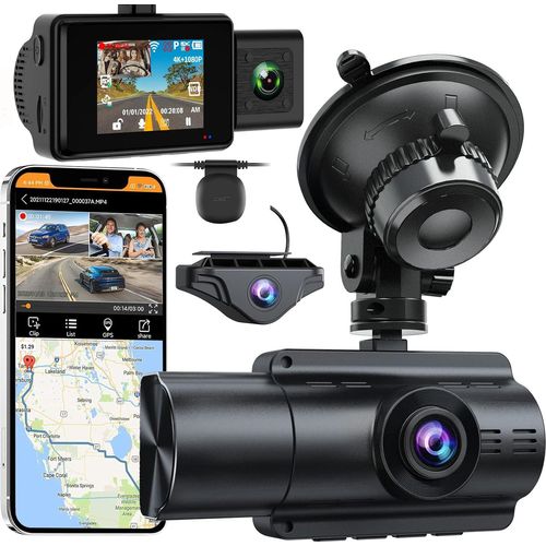 Dashcam 3 Lens Autokamera 4K+1080P+1080P,WiFi Dashcam mit GPS,2'' IPS Bildschirm vorne hinten innen HDR+WDR Dash Cam,Loop-Aufnahme,G-Sensor,Nachtsicht