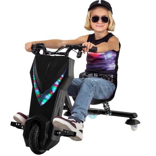 Kinder Elektro Drift Trike | Drift Scooter - Bis zu 15km/h - LED Driftrollen 360° - Hupe - Drosselbar (Schwarz)