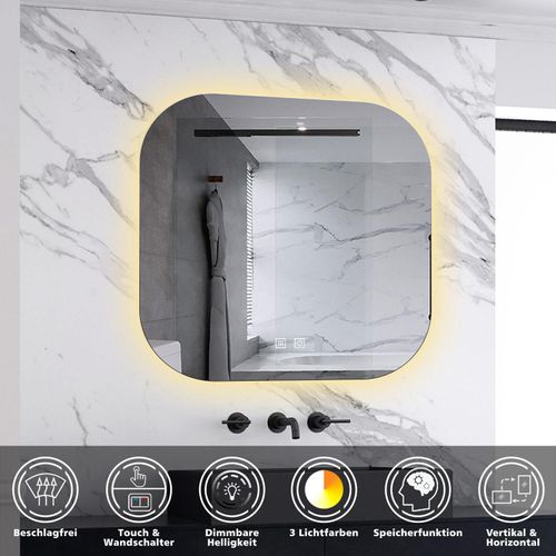 LED Badspiegel Quadratische 80x80cm Wand/Touchschalter Beschlagfrei 3 Lichtfarbe+Dimmbar Badspiegel mit Beleuchtung Badezimmerspiegel IP44