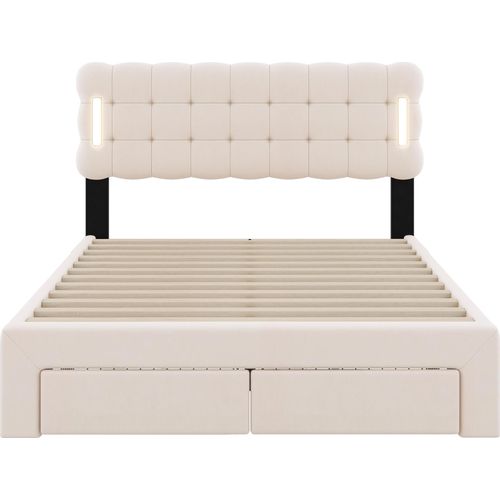 Doppelbett 140x200cm Flachbett (ohne Matratze) Beige Samt Stauraumbett Mit vier Schubladen Polsterbett Beleuchtung auf beiden Seiten des Bettes