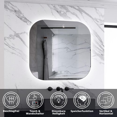 LED Badspiegel 70x70cm Wand/Touchschalter Beschlagfrei Kaltweiß Dimmbar Badspiegel mit Beleuchtung Badezimmerspiegel IP44