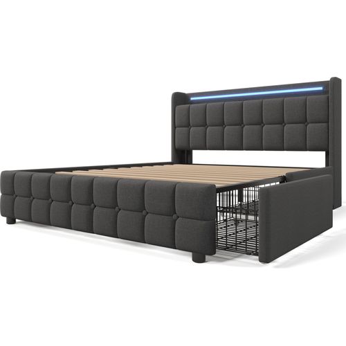 Doppelbett 140x200cm Polsterbett (Ohne Matratze) Stauraumbett Grau Leinen Mit USB Ladefunktion und LED-Beleuchtung und 4 Schubladen