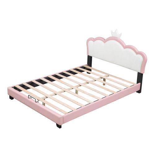 Kinderbett Polsterbett(90*200cm,Pink) mit Lattenrosten und Rückenlehne, Mädchenbett mit Kronenformung