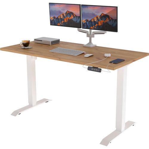 POKAR Höhenverstellbarer Schreibtisch Höhenverstellbar Elektrisch Bürotisch mit Tischplatte, Größe:140x70, Farbe:Weiß + Golden Craft Eichen Image