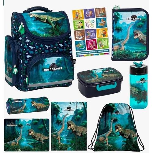 Schulranzen für Jungen und Madchen - Schul-Rucksack für Kinder mit Federmäppchen - Schuhbeutel und Hausaufgabenheft - Dinosaurier Motiv