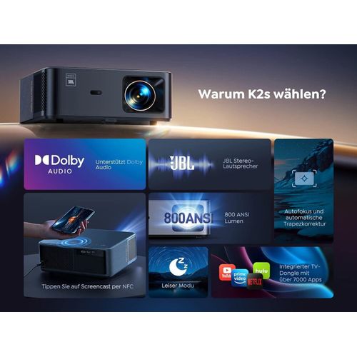 LCD Beamer Projektor Heimkino mit Alexa Sprachsteuerung, NFC und Wi-Fi 6 – Full HD 1080p Outdoor 300