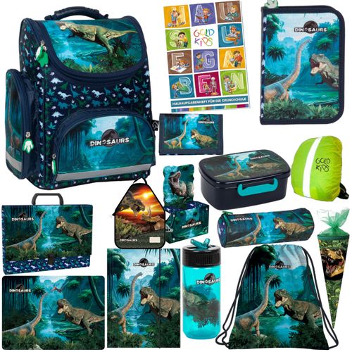 Schulranzen für Jungen und Madchen - Schul-Rucksack für Kinder mit Federmäppchen - Schuhbeutel und Hausaufgabenheft - Dinosaurier Motiv