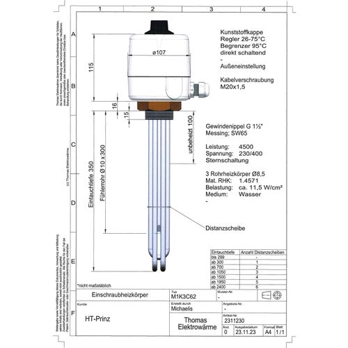 Elektroheizstab, Einschraubheizkörper - 4500 W Sternschaltung