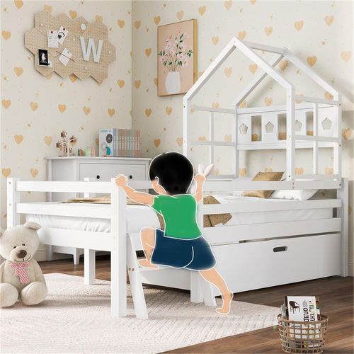 Jugendbett Hausbett Kinderbett mit Leiter und Schubladen, inkl. Lattenrost, Hochbett Massivholz mit Rausfallschutz 90x200cm Weiß Ohne Matratze