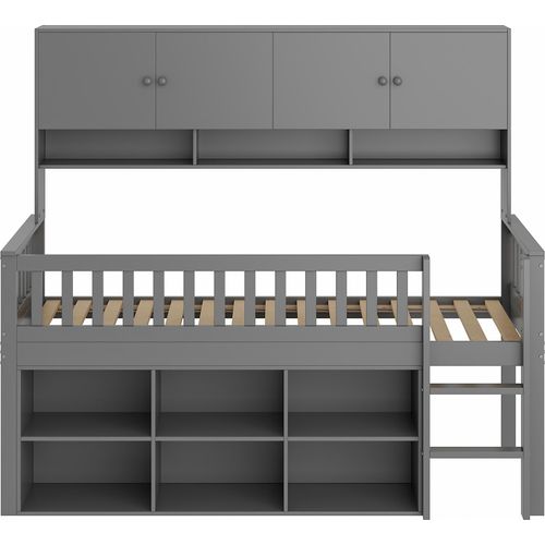 Kinderbett 90x200cm Holzbett (ohne Matratze) Grau Holz Einzelbett Multifunktionsbett Mit Staufach Mit Schließfächern und Sicherheitsleiter