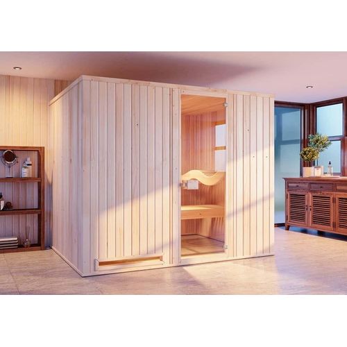 FinnTherm Innensauna Ergo Klassik Innensauna 3 Sitzbänke aus Holz , Saunakabine mit 40 mm Wandstärke, Dampfsauna mit Montagematerial