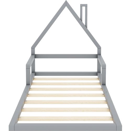 Kinderbett 90x200cm Flachbett (ohne Matratze) Holzbett Grau Kiefernholz Einzelbett Hausbett Massivholzbett Einfacher Stil