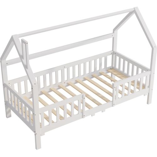 Kinderbett Hausbett mit Schornstein,Robuste Lattenroste,Kiefernholz Haus Bett for Kids, 90 x 200 cm ohne Matratze