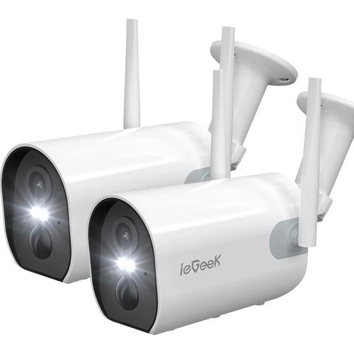 2stk 2K 3MP Überwachungskamera Aussen Akku, Kabellose WLAN Kamera Outdoor15 m Farb-NachtsichtSirene/WeißlichtalarmPIR Bewegungsmelder.