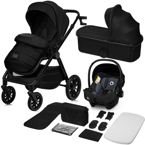 Lionelo Kombikinderwagen Layla 3in1 Babyschale, Babywanne und Buggy bis 22n kg, Babywanne bis 9 kg, 360° Schwenkbare PolyurethanRäder, XXL Verdeck - Schwarz