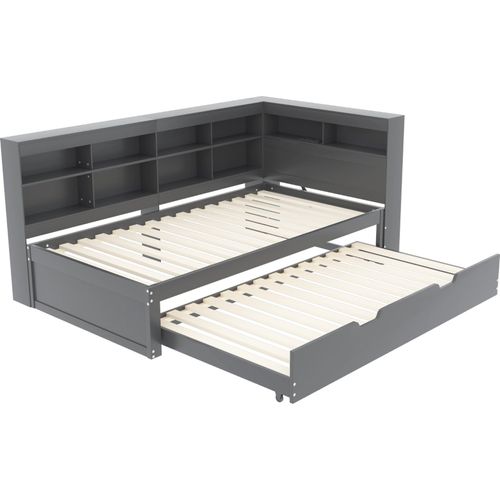 Schlafsofa 90x200cm Massivholzbett (Ohne Matratze) Einzelbett 90x190cm Ausziehbares Bett Multifunktionsbett Grau Mit USB-Steckdose und Ablagefächern
