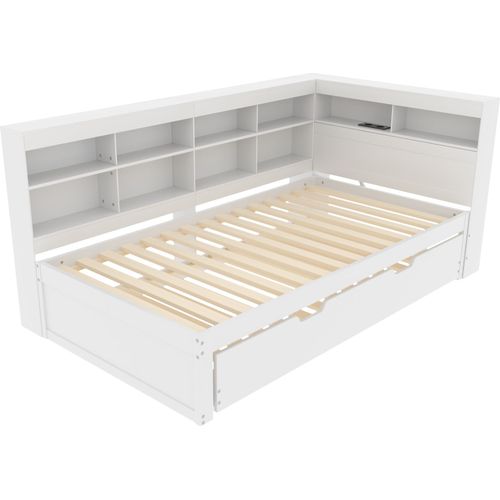 Schlafsofa 90x200cm Massivholzbett (Ohne Matratze) Weiß Einzelbett 90x190cm Ausziehbares Bett Multifunktionsbett Mit USB-Steckdose und Ablagefächern
