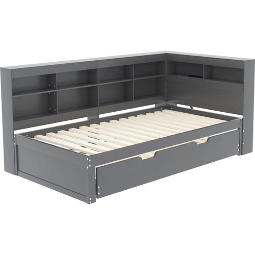 Schlafsofa 90x200cm Massivholzbett (Ohne Matratze) Grau Einzelbett 90x190cm Ausziehbares Bett Multifunktionsbett Mit USB-Steckdose und Ablagefächern