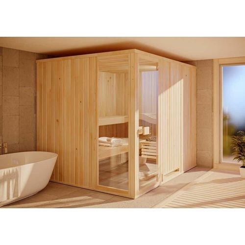 FinnTherm Innensauna Ergo Ausblick Innensauna 3 Sitzbänke aus Holz , Saunakabine mit 40 mm Wandstärke, Dampfsauna mit Montagematerial