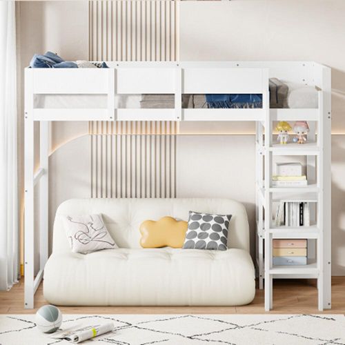 Kinderbett,Hochbett mit Ablage 90 x 200 cm, Bettgestell,Bett für Kinder und Jugendliche