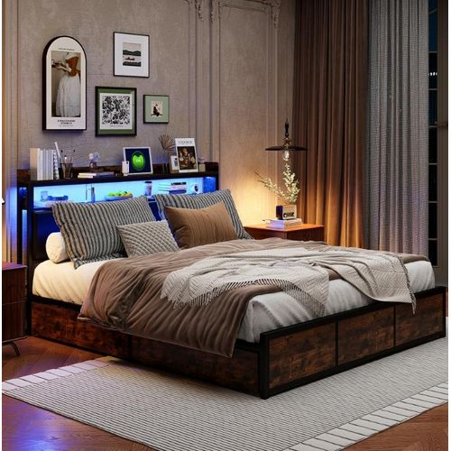 CDGlobal Polsterbett Metallbett 160x200cm mit 4 Schubladen, LED-Beleuchtung, Lagerregal, Doppelbett Bettgestell, Stabil Metallrahmen, Stauraumbetten, Jugendbett, PU, Schwarz
