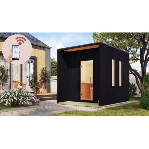 Karibu Saunahaus Außensauna Gartensauna Außensauna LAGUNA schwarz 220 x 288 cm inkl. 9kw Ofen und HUUM WIFI Steuergerät Sparset 38mm Wandstärke
